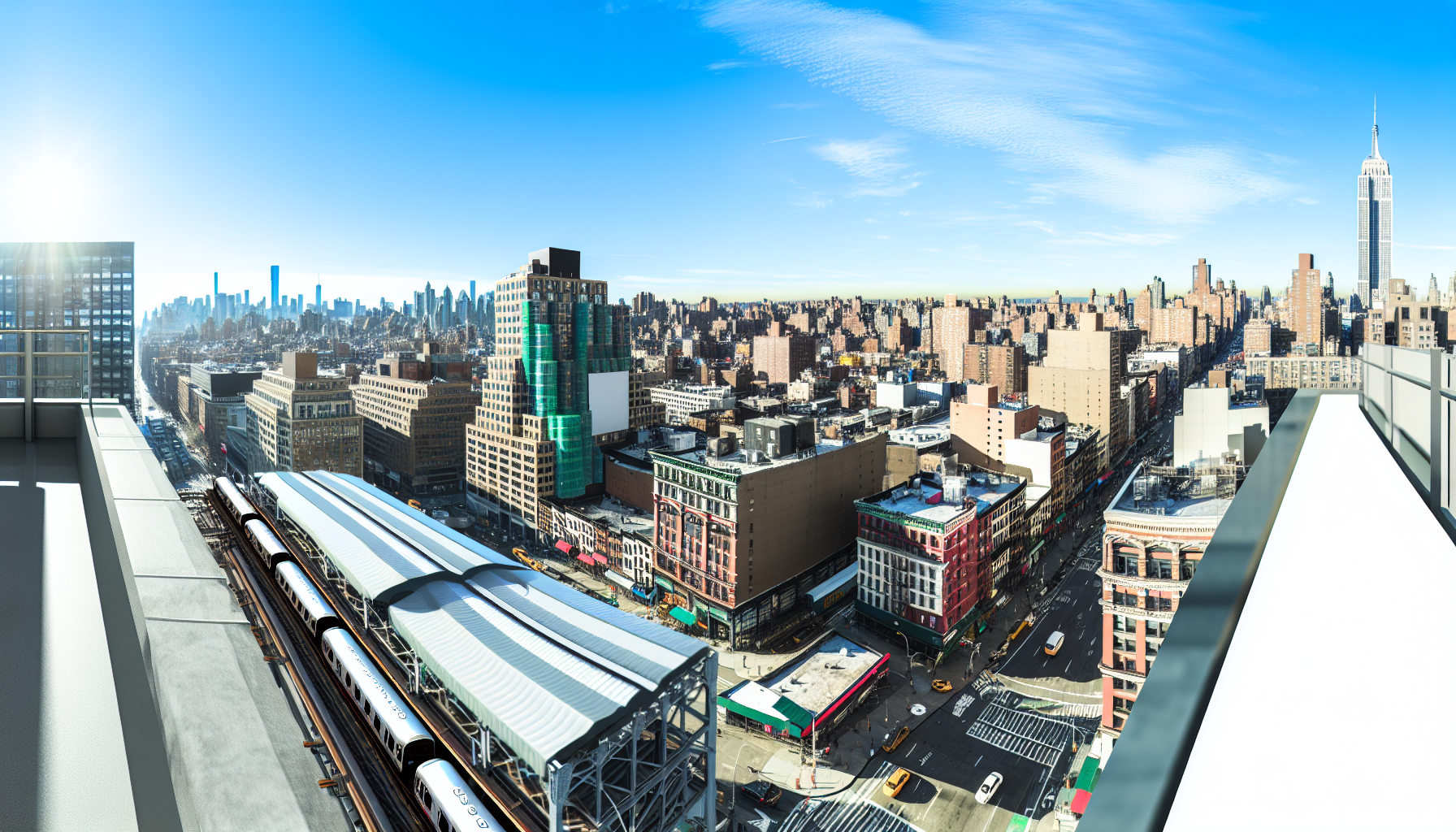 Generate a photorealistic and wide-angle image of a generic cityscape that looks similar to the urban layout of New York City. The setting should have hints of an urban transit infrastructure with var