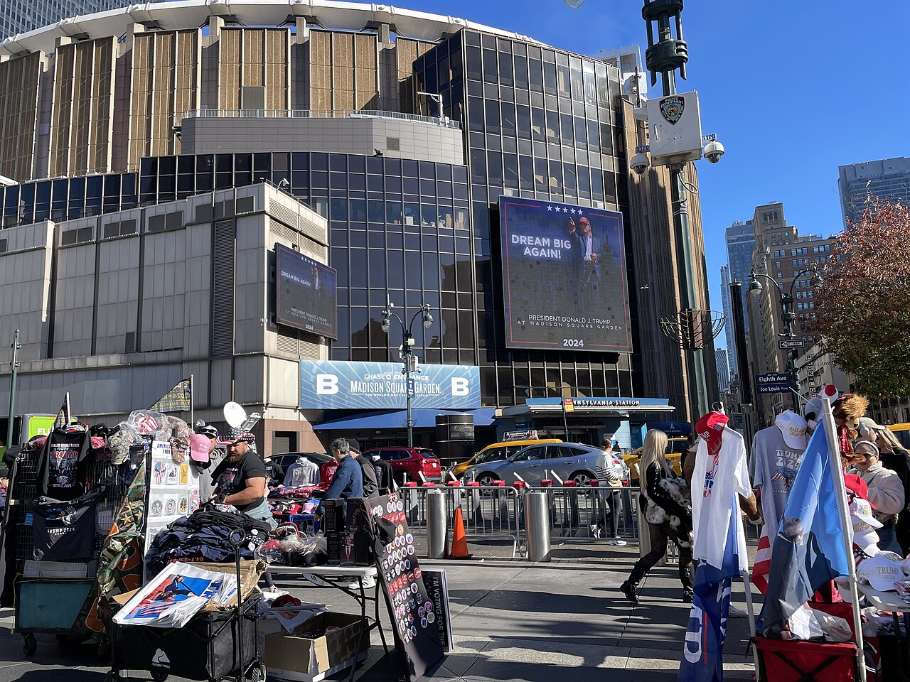 Exterior of Madison Square Garden during Donald Trump rally, 8th Avenue, Manhattan (October 27, 2024)